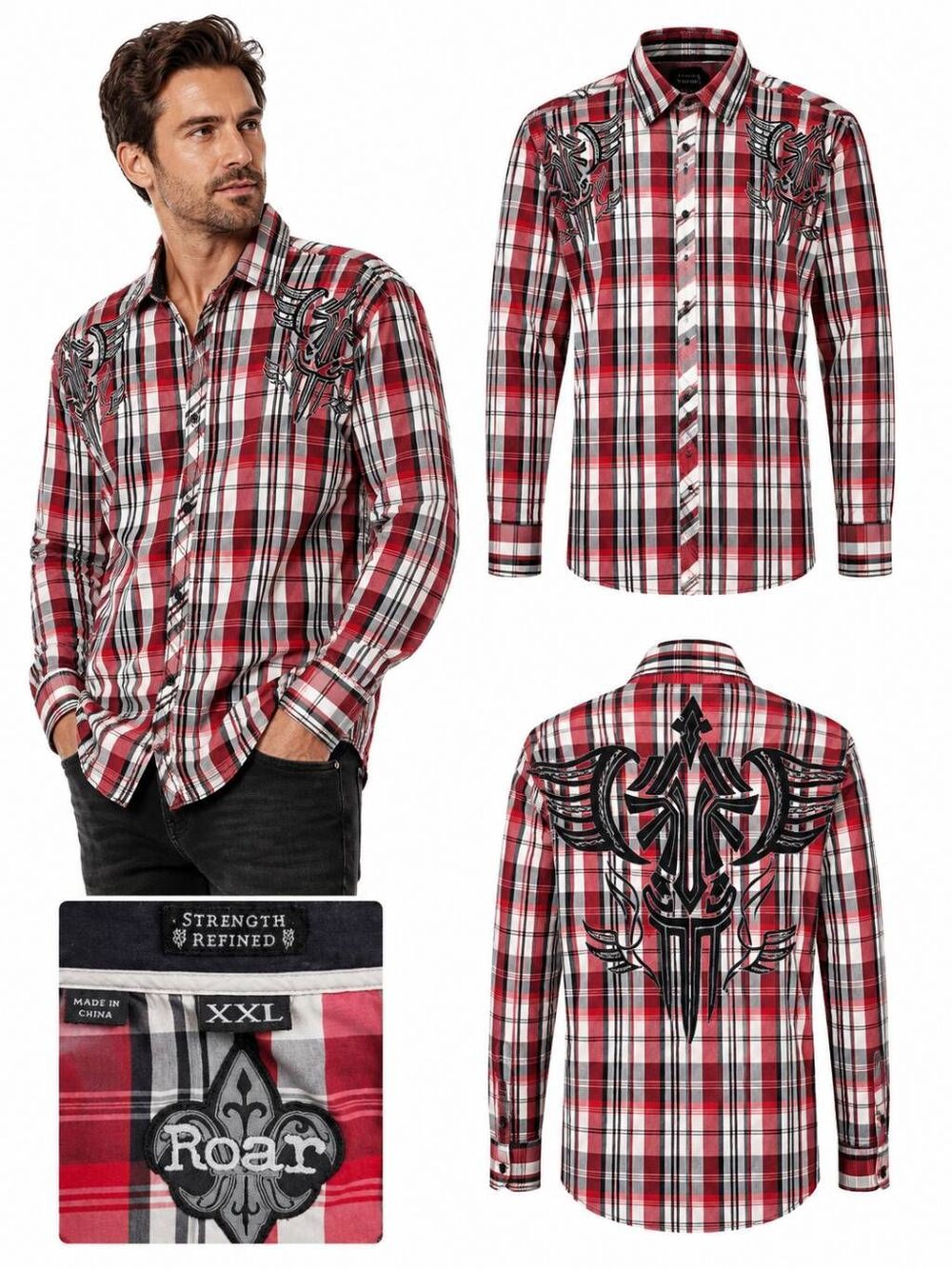 Roar Plaid Button Up Shirt XXL Red Black